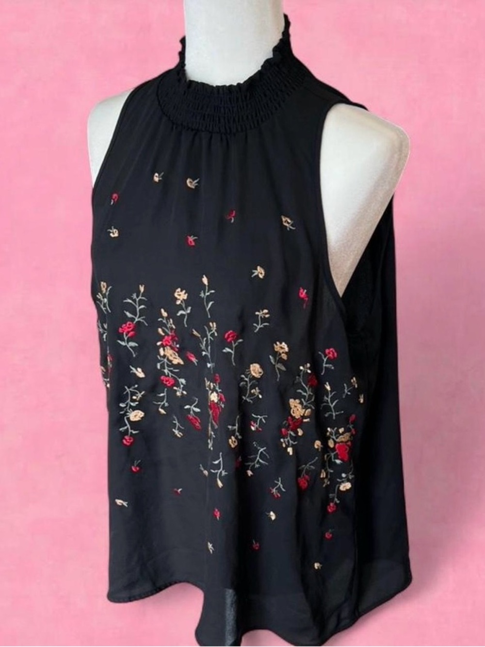 Black Embroidered Mock Neck Sleeveless Top